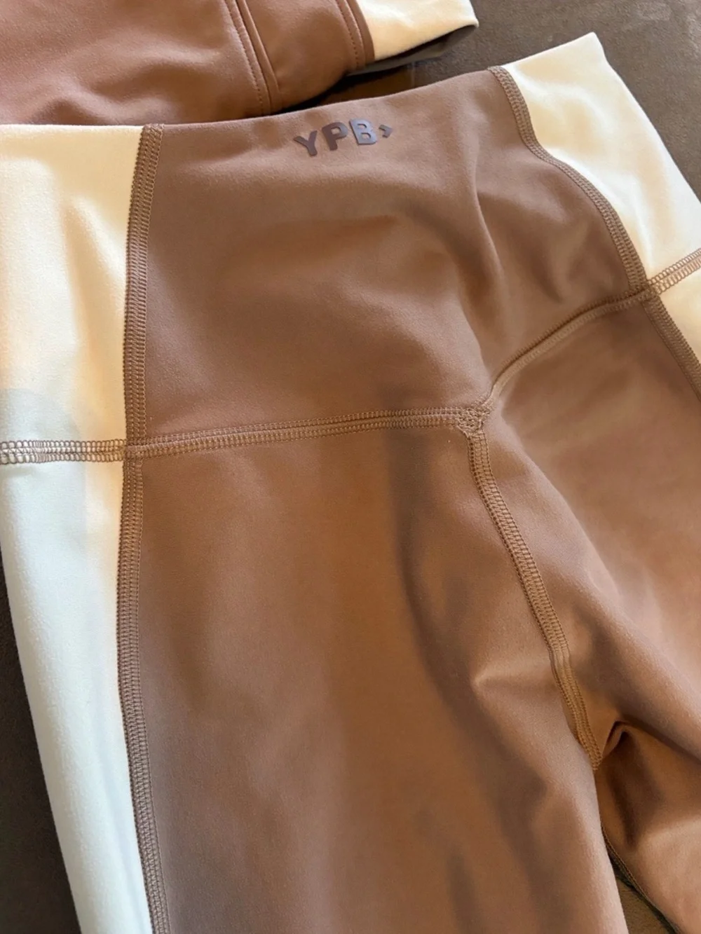 YPB Two-Tone High-Waist Leggings Set in Taupe & Cream